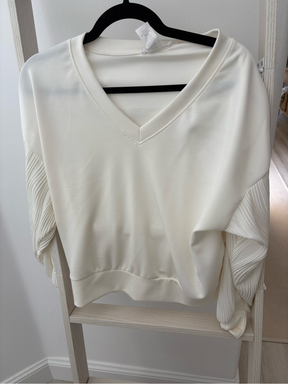 Ariella Ivory V-Neck Sweater with Pleated Balloon Sleeves